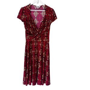 Leota Sweetheart Faux Wrap Midi Dress Size L Terrazzo Print Red Surplice Stretch